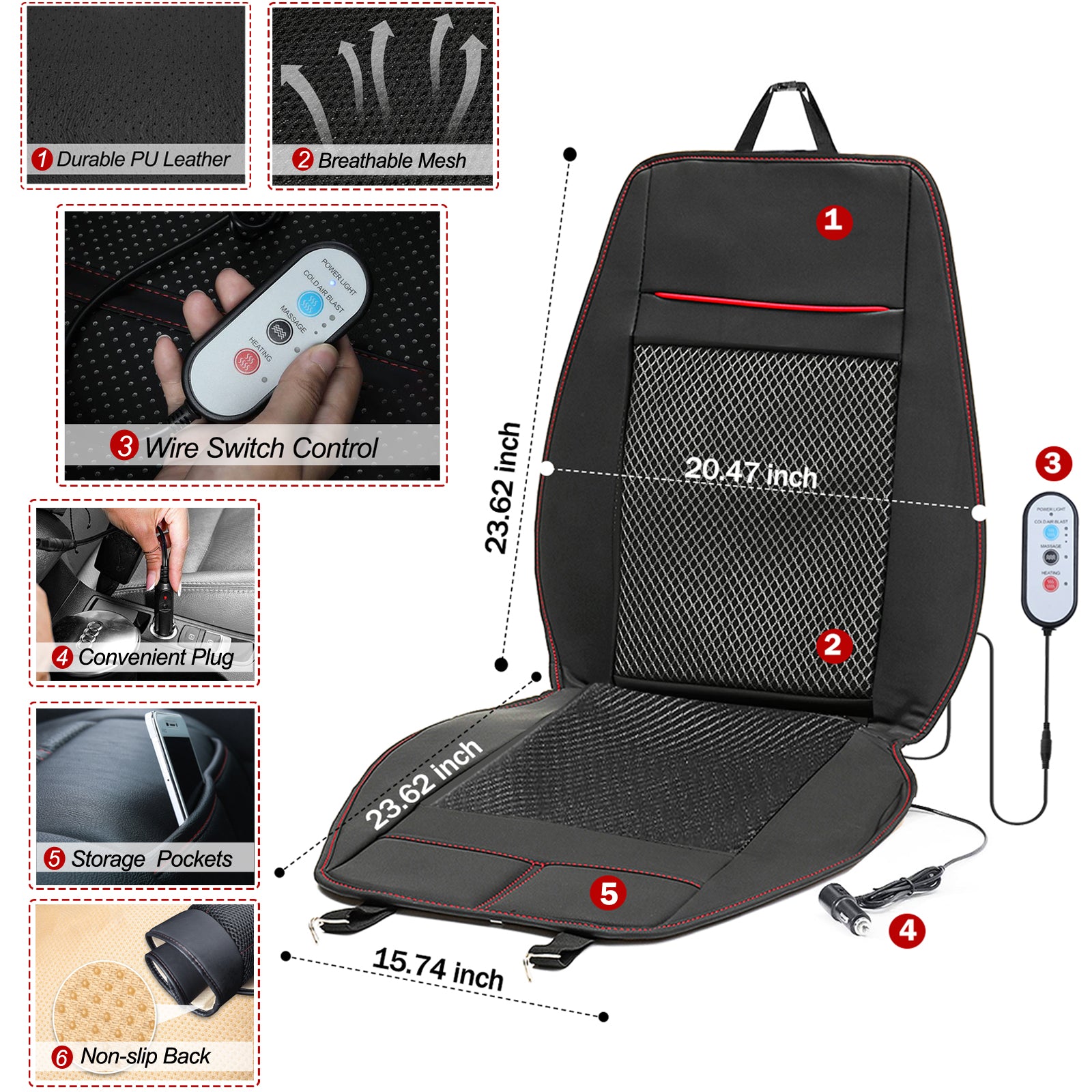 3 In1 Massage Car Seat Cover Cushion Cooling Warm Heated Chair