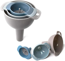 Load image into Gallery viewer, Kitchen Funnel Set All Purpose Wide-Mouth Nested Funnels with Handle for Filling Small Bottles Secure Fit Funnel and Strainer 4 Pack Set of Liquid Fluid Dry Ingredients and Powder