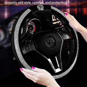 fochutech Steering Wheel Cover, Crystal Studded Rhinestone Bling Steering Wheel Cover, Breathable, Anti-Slip, Odorless, Warm in Winter and Cool in Summer, Universal 15 inches (Crown,Black) - Fochutech