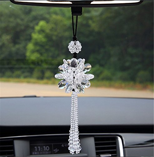 Fochutech Peony Crystal Ball Car Pendant Decor Lucky Safety Hanging Ornament Gift Rear View Mirror Accessories Auto Interior Dangle (White) - Fochutech