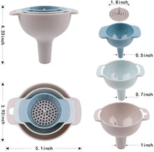Load image into Gallery viewer, Kitchen Funnel Set All Purpose Wide-Mouth Nested Funnels with Handle for Filling Small Bottles Secure Fit Funnel and Strainer 4 Pack Set of Liquid Fluid Dry Ingredients and Powder