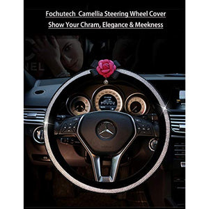 fochutech Steering Wheel Cover, Crystal Studded Rhinestone Bling Steering Wheel Cover, Breathable, Anti-Slip, Odorless, Warm in Winter and Cool in Summer, Universal 15 inches (Rose-red Camellia) - Fochutech