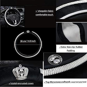 fochutech Steering Wheel Cover, Crystal Studded Rhinestone Bling Steering Wheel Cover, Breathable, Anti-Slip, Odorless, Warm in Winter and Cool in Summer, Universal 15 inches (Crown,Black) - Fochutech