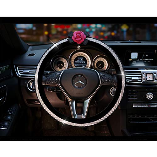 fochutech Steering Wheel Cover, Crystal Studded Rhinestone Bling Steering Wheel Cover, Breathable, Anti-Slip, Odorless, Warm in Winter and Cool in Summer, Universal 15 inches (Rose-red Camellia) - Fochutech