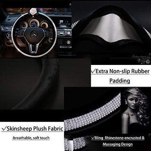 fochutech Steering Wheel Cover, Crystal Studded Rhinestone Bling Steering Wheel Cover, Breathable, Anti-Slip, Odorless, Warm in Winter and Cool in Summer, Universal 15 inches (Rose-red Camellia) - Fochutech