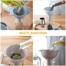 Load image into Gallery viewer, Kitchen Funnel Set All Purpose Wide-Mouth Nested Funnels with Handle for Filling Small Bottles Secure Fit Funnel and Strainer 4 Pack Set of Liquid Fluid Dry Ingredients and Powder