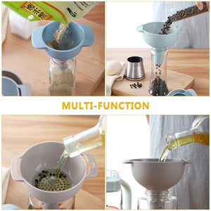 Kitchen Funnel Set All Purpose Wide-Mouth Nested Funnels with Handle for Filling Small Bottles Secure Fit Funnel and Strainer 4 Pack Set of Liquid Fluid Dry Ingredients and Powder