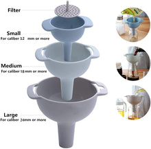 Load image into Gallery viewer, Kitchen Funnel Set All Purpose Wide-Mouth Nested Funnels with Handle for Filling Small Bottles Secure Fit Funnel and Strainer 4 Pack Set of Liquid Fluid Dry Ingredients and Powder