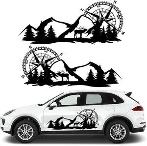 Cool Car Stickers for Men, Compass Mountain Big Car Decals, Vinyl Stickers for Car Side Body Door, Large RV Graphic Decals Tree Deer, Auto Decal Stickers for Truck Racing SUV Boat