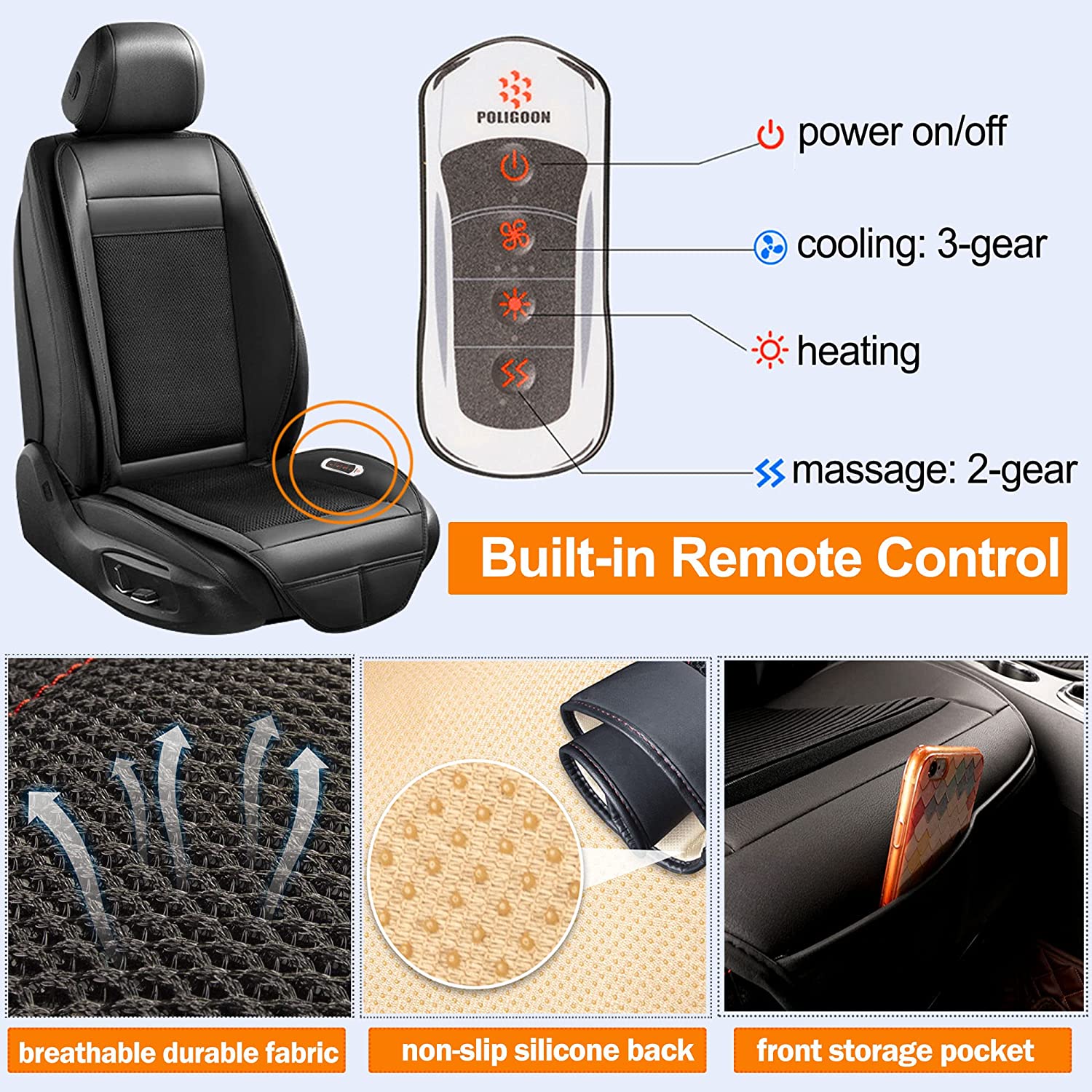 Fochutech Heated Car Seat Covers Cooling Car Seat Cushion with Massage Seat  12V Front Seat Driver Seat Cooler Warmer Heater PU Leather Car Seat  Protector Non Slip, Fits All Seasons